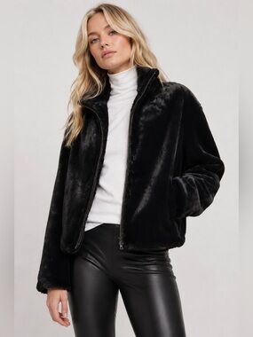 Vince Black Faux Fur Zip Front Jacket XS Luxury Plush Coat